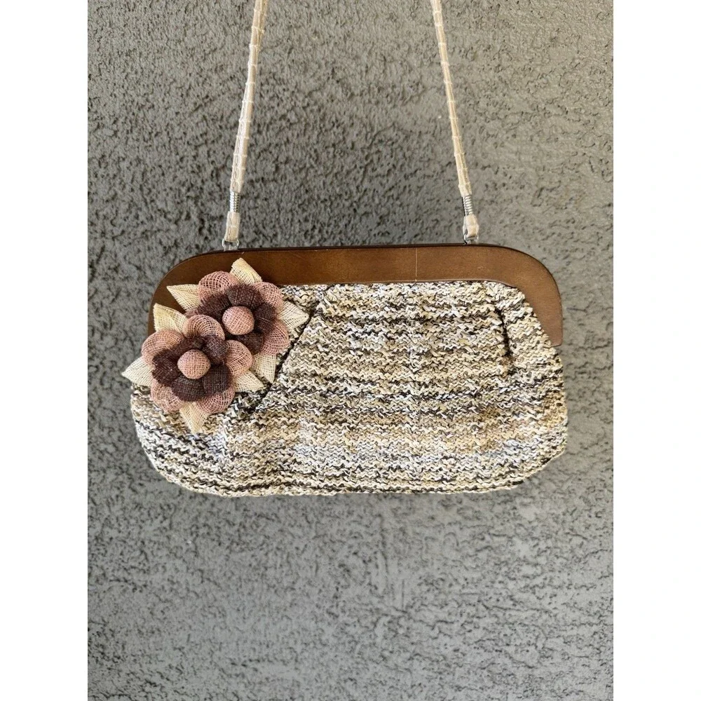 Sandra Robert’s Squared Raffia Weave Wooden Framed Clutch Boho Earthy Beige
